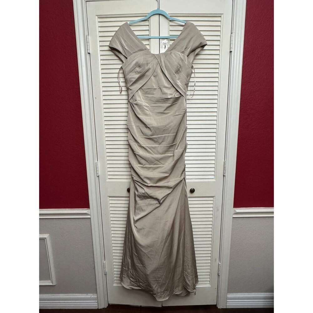 La Femme Satin Gown Ruched Off Shoulder Cap Sleeve Embellished Long Dress 6